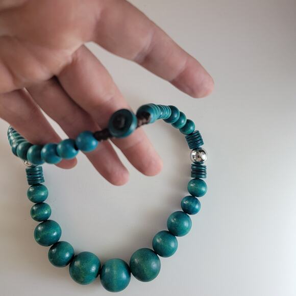 Vintage 1970s Teal Wooden Bead Necklace 27 Inch Chunky Boho Statement Jewelry - Picture 5 of 9